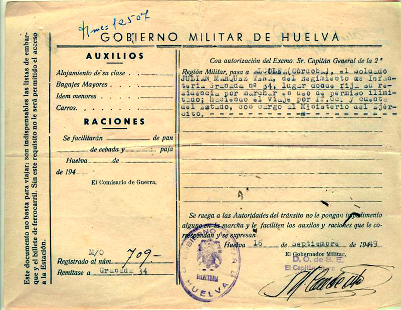 Salvoconducto del Gobierno Militar de Huelva.